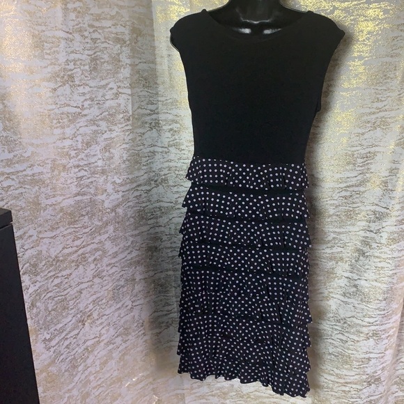 Vintage🧚♀️Joseph Ribkoff Black/Purple Polka Dot Patchwork Layered Dress Size 8 - Picture 7 of 12